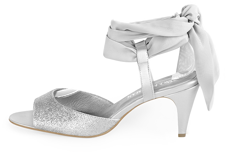 Light silver and pearl grey women's open back sandals, with a scarf around the ankle. Round toe. High slim heel. Profile view - Florence KOOIJMAN